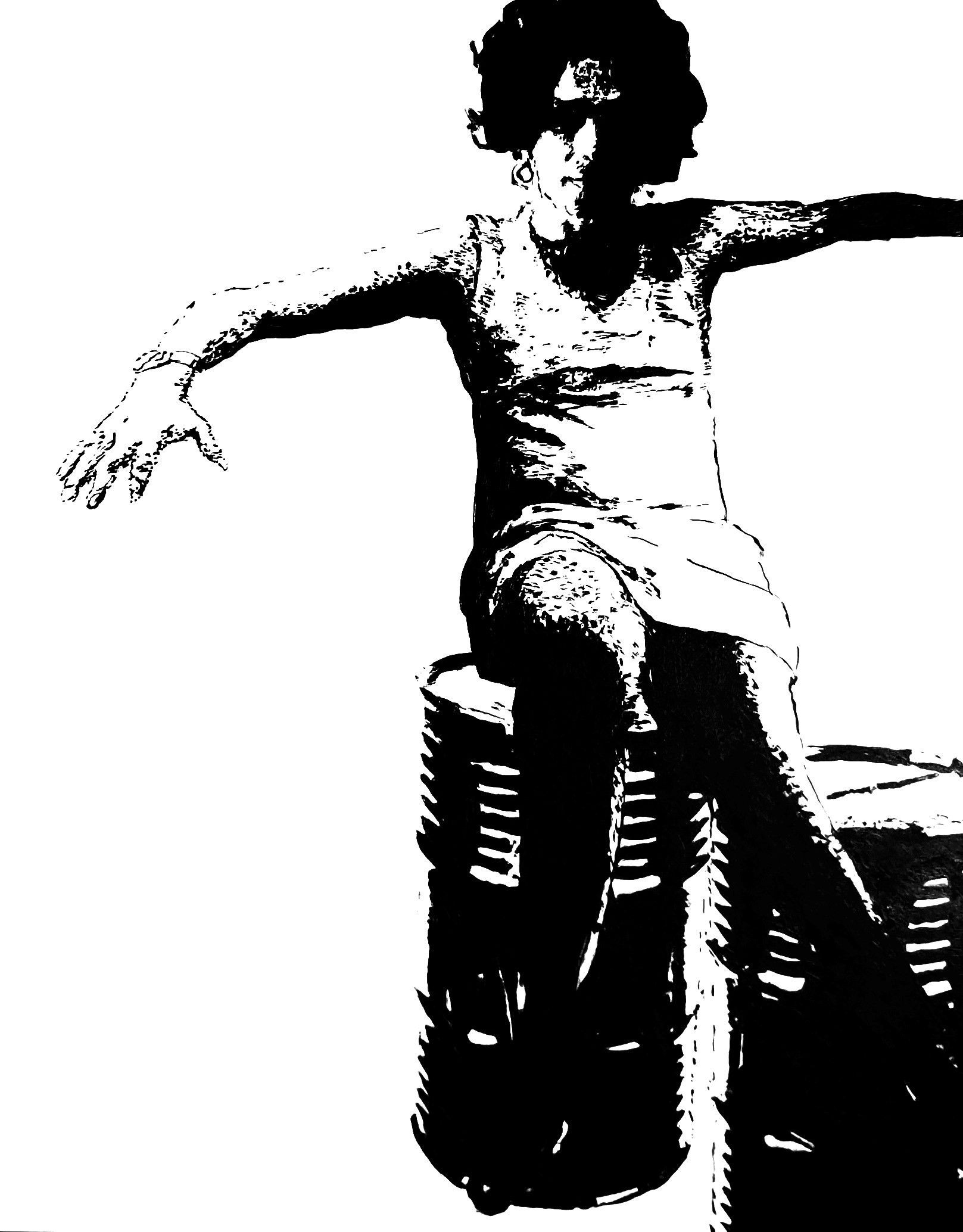 Person sitting atop stacked items, arms outstretched, looking up. Black and white.