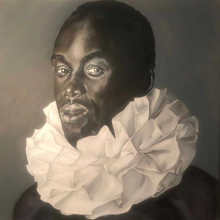 Portrait of a Black man with a white ruffled collar, looking directly at the viewer, monochrome.