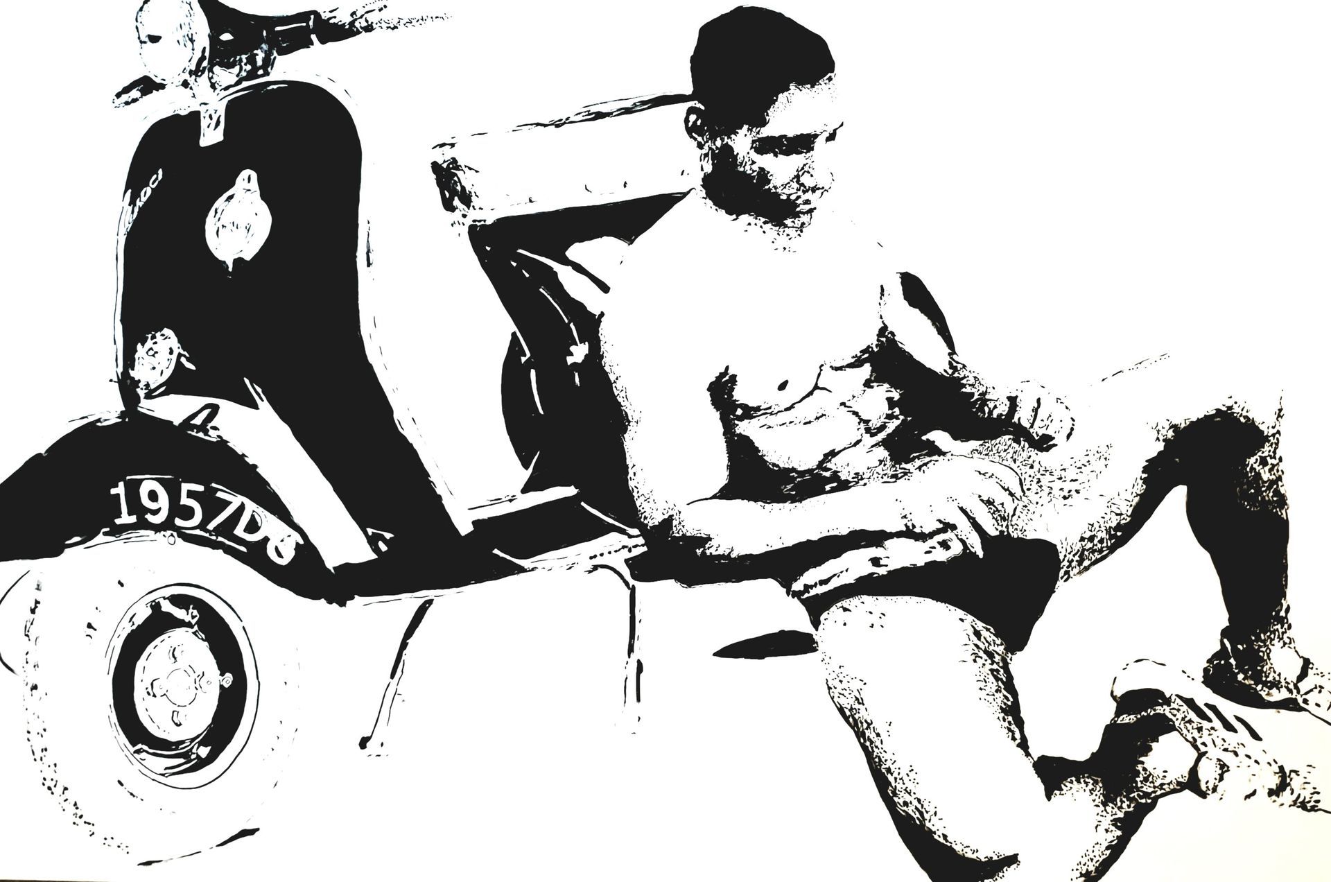 Man lounging on a scooter, shirtless, outdoors. Black and white.