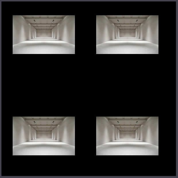 Four rectangular images of a long, white hallway on a black background.