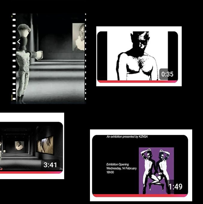 Four video thumbnails: a figure in a dark room, a silhouette of a person, a room with art, and an event flyer with figures.