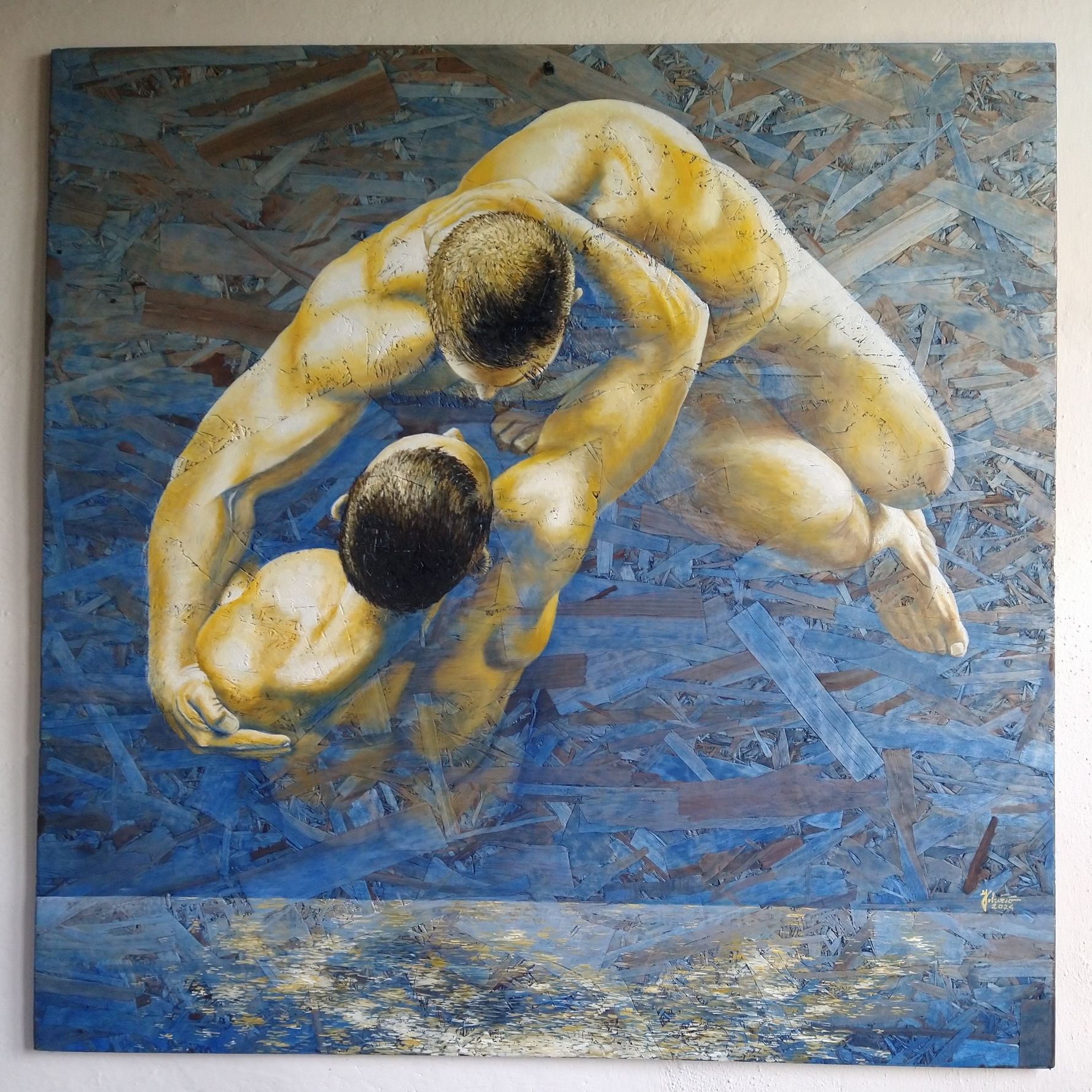 Two nude figures intertwined in a dynamic embrace, painted on blue textured background.