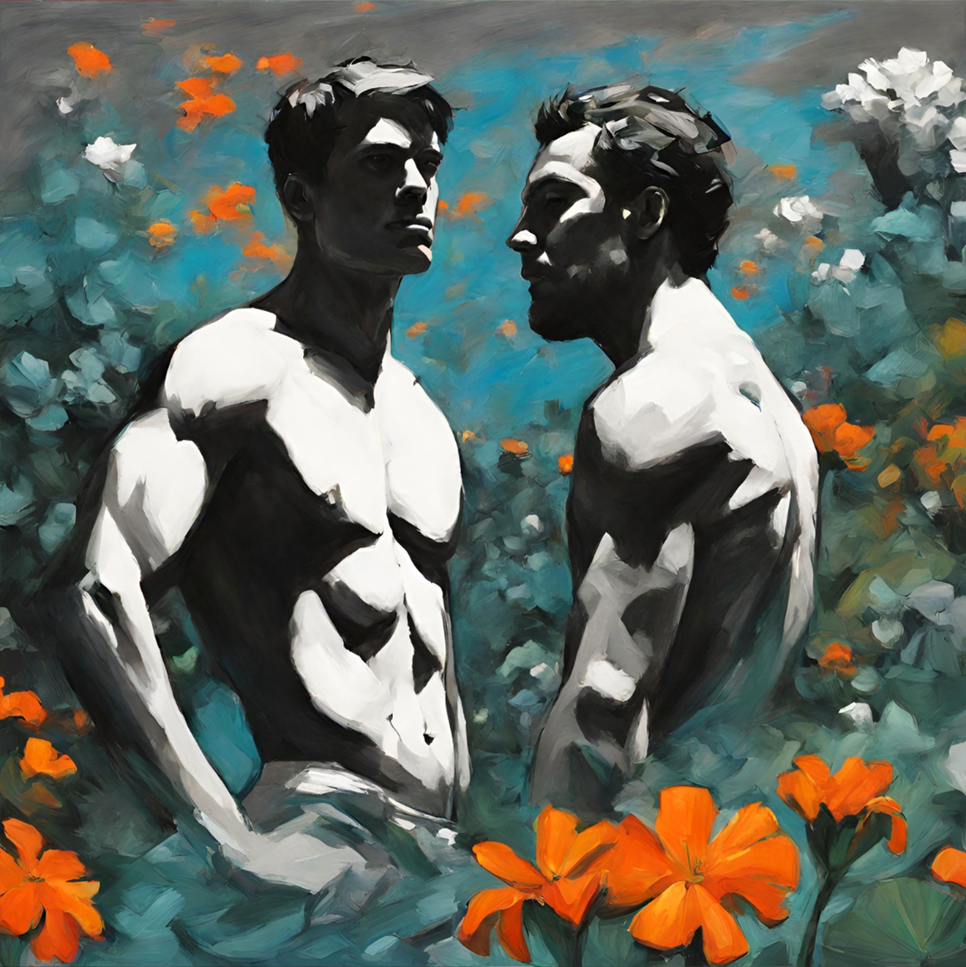 Two shirtless men gaze at each other in a vibrant flower field, with a dramatic contrast of light and shadow.