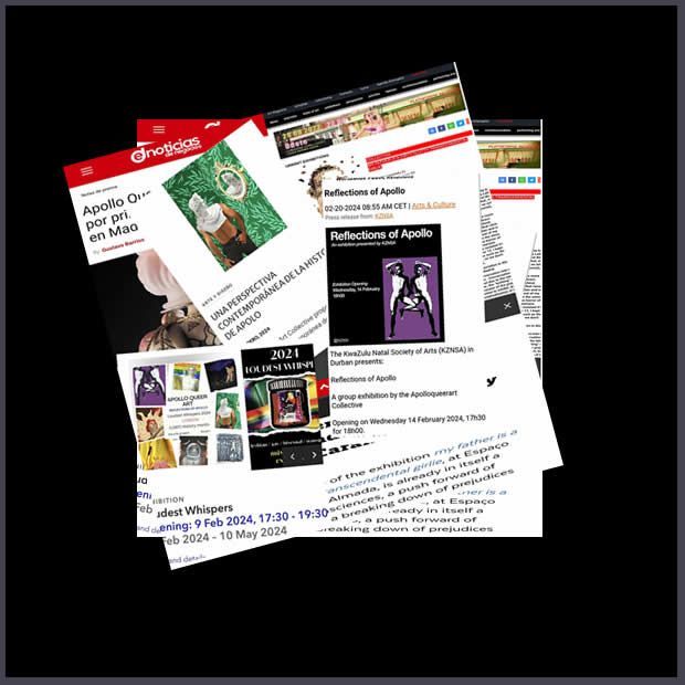 Pile of printouts with website screenshots, articles, and ads, with a black background.
