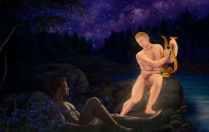 Two nude men by a lake, one playing a golden lyre. Night sky with stars above.