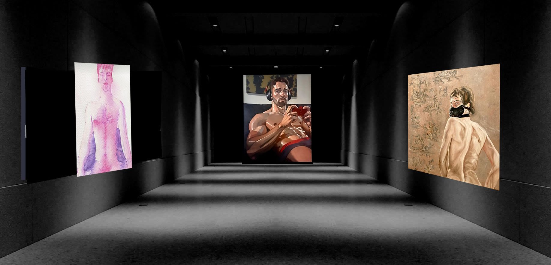 Gallery with black walls, featuring three lit paintings in a long perspective, the center one with a blue background.