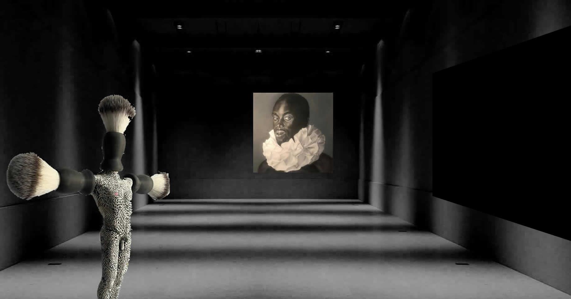 a statue by Michael Biello is standing in a dark room with paintings by Lehnert and Zucchella on the wall .