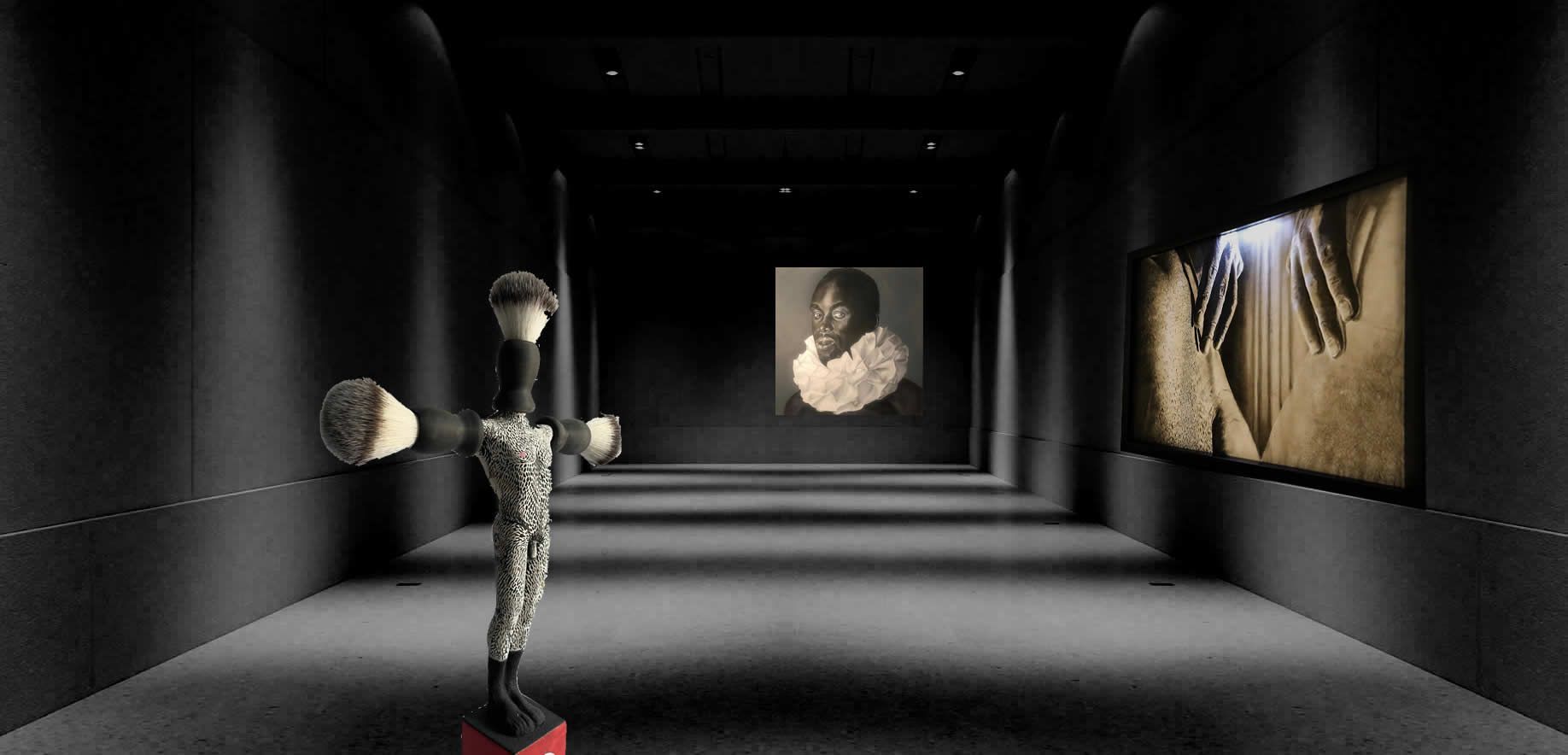 a statue by Michael Biello is standing in a dark room with paintings by Lehnert and Zucchella on the wall .