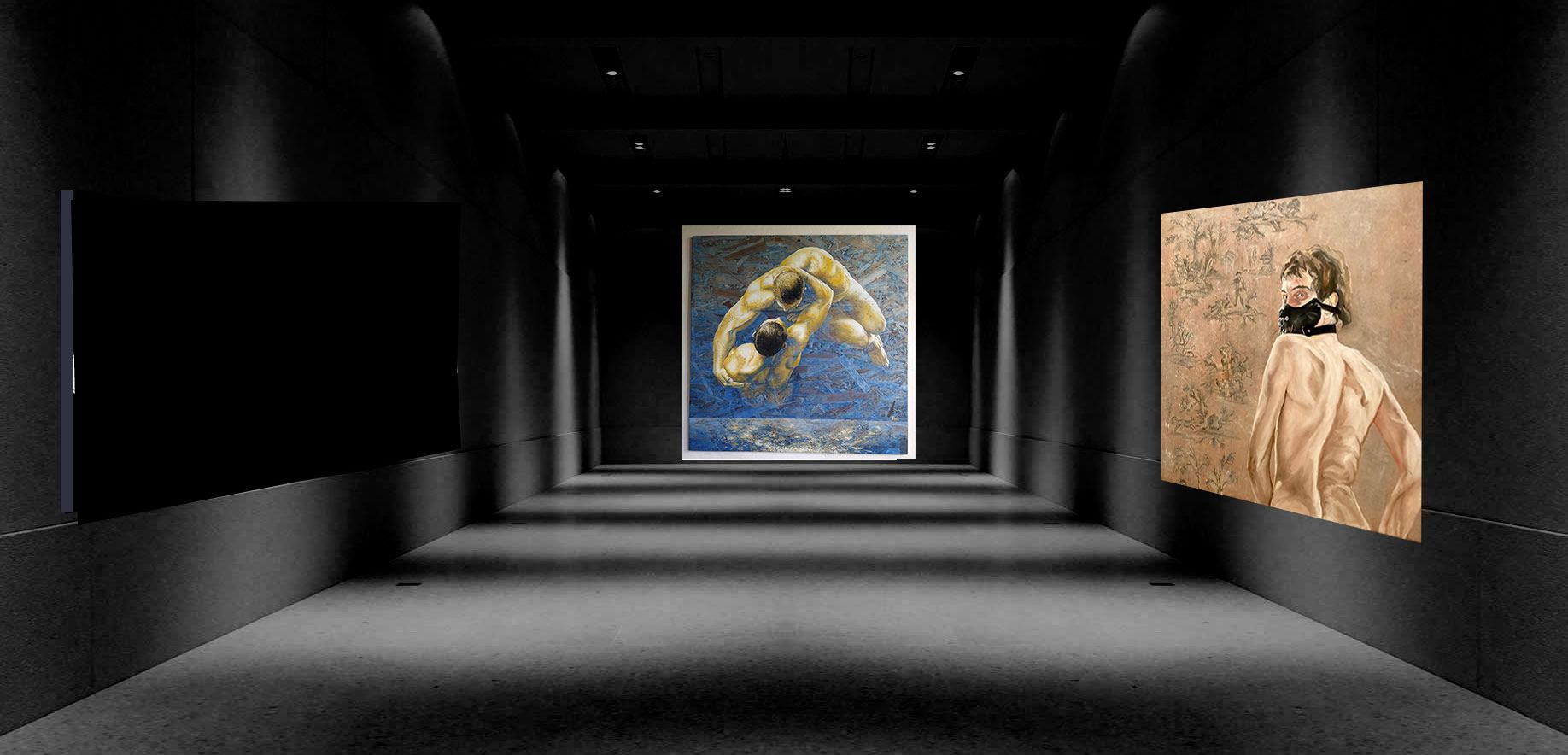 Gallery with black walls, featuring three lit paintings in a long perspective, the center one with a blue background.