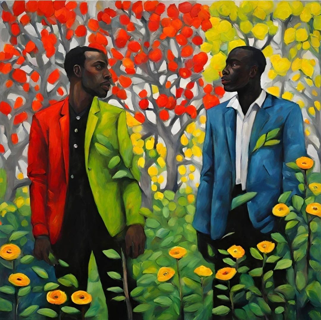 Two Black men in brightly colored jackets stand in a colorful garden.