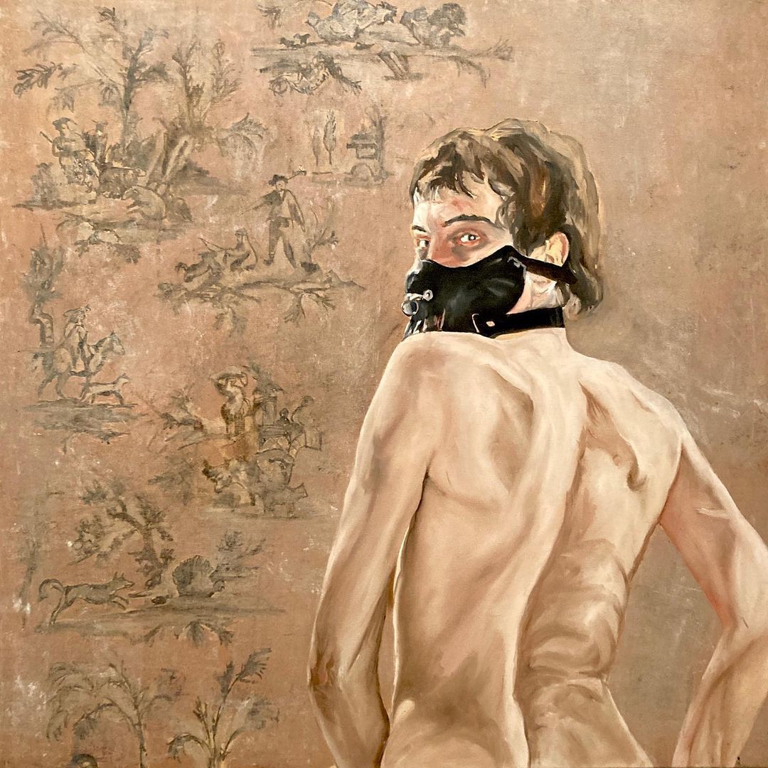 Naked person with black mask turned to look back. Beige-pink background with faded, illustrated scenes.by Francesco Zucchella