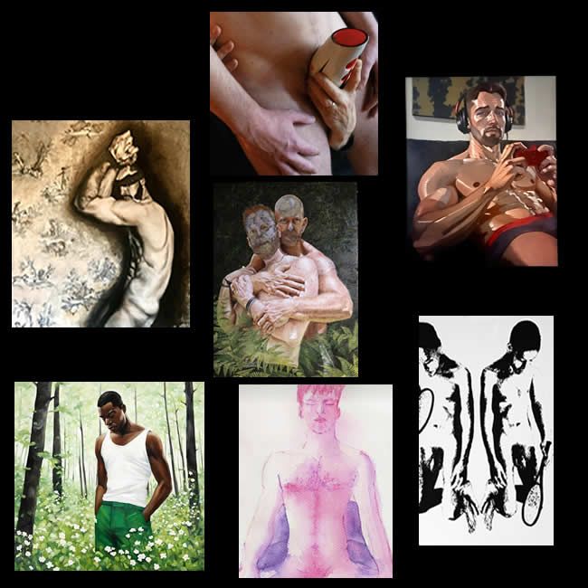 Collage of artworks featuring male figures: sculptures, paintings, and a photograph.