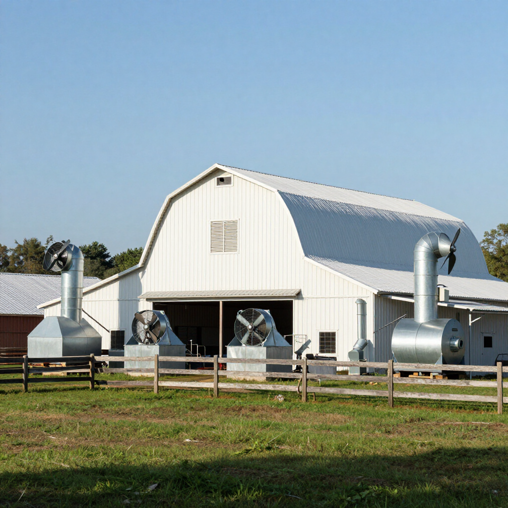White barn with metal silos and fencing in a sunny rural field under a blue sky