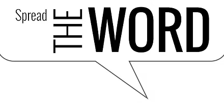 A black and white logo for spread the word with a speech bubble.