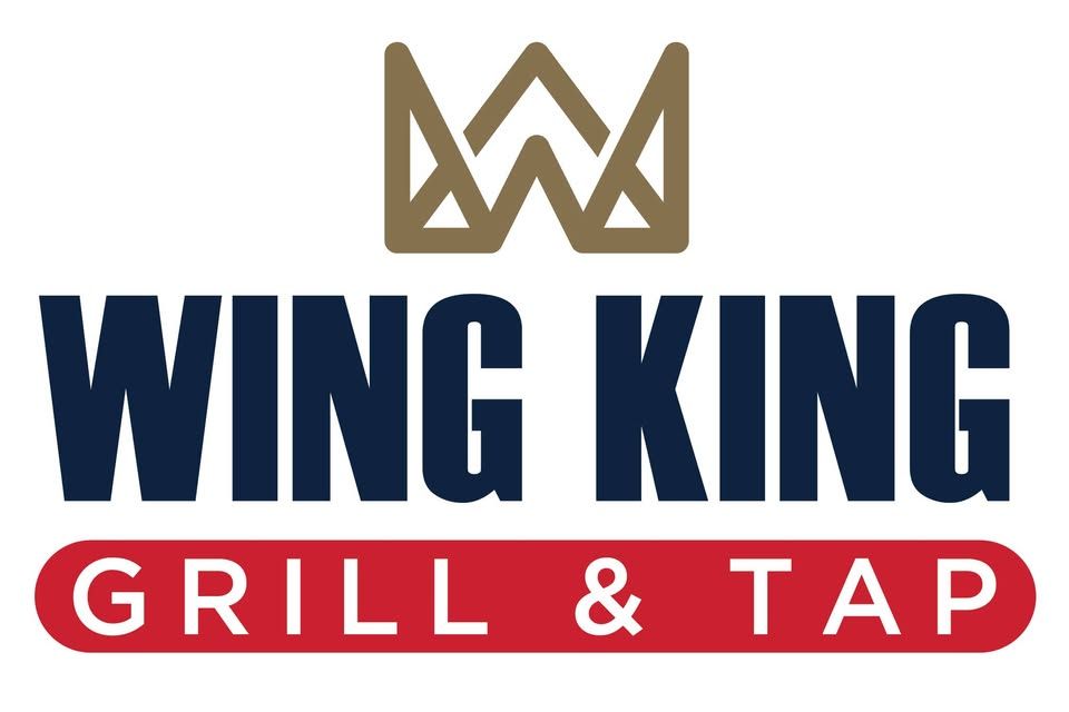 Logo for Wing King Grill & Tap: Crown above navy text, red banner below.