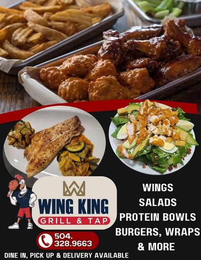 Wing King Grill & Tap ad. Offers wings, salads, protein bowls, burgers, & wraps. Phone # & dine-in/pickup/delivery info.