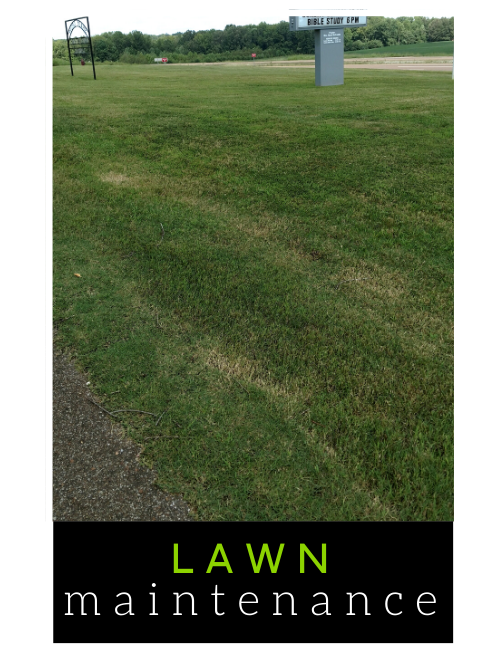 Wide green lawn in a park with a small utility box and a black “Lawn Maintenance” banner at the bottom.