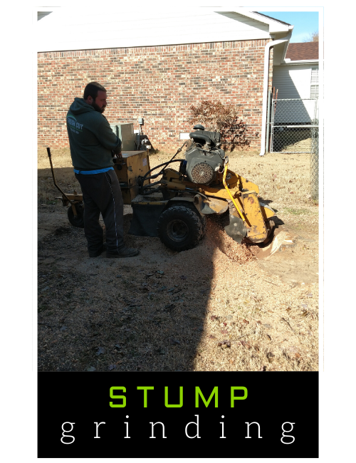 Man standing beside a yellow stump grinder in a yard, with “STUMP grinding” text at the bottom.