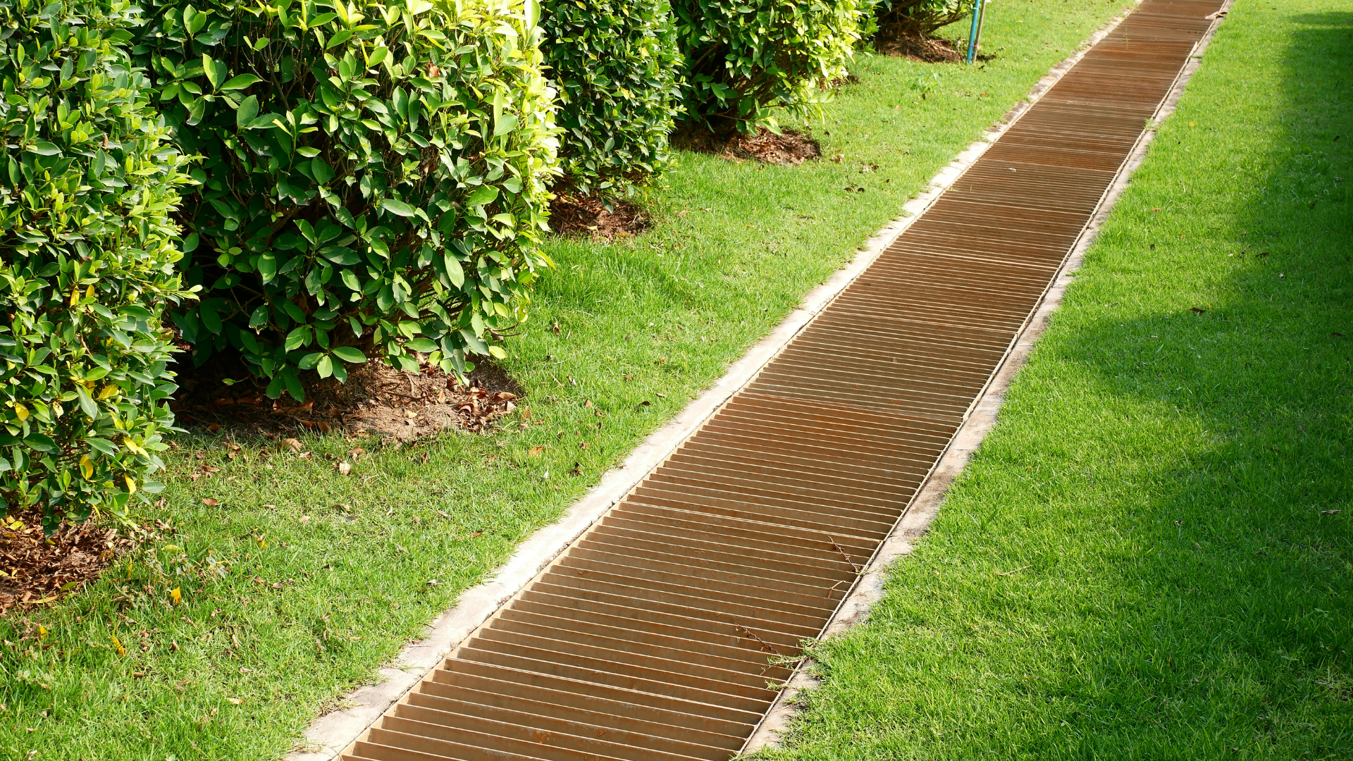 Narrow brown garden path bordered by white stones through green grass and hedges