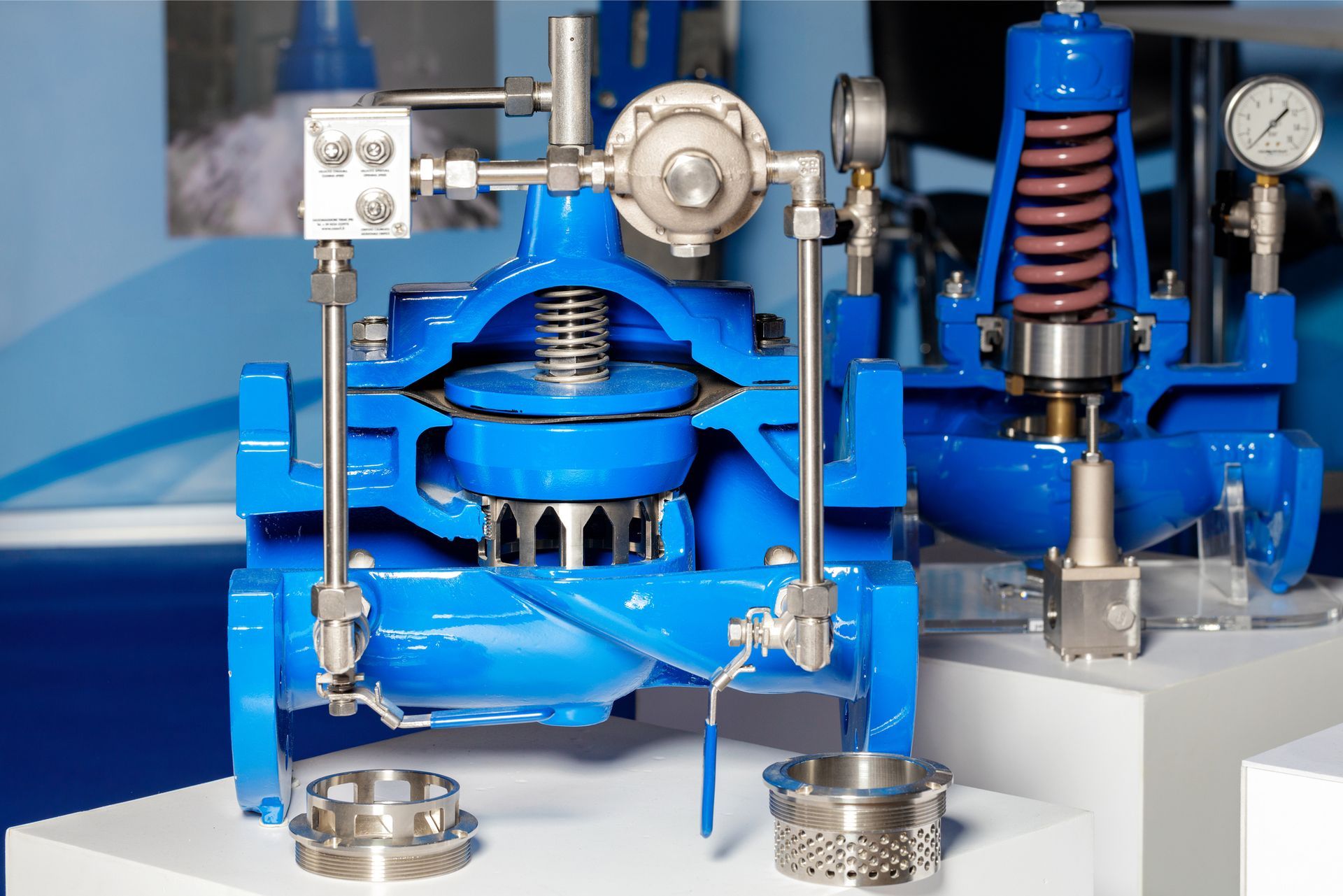 Cross-section of a blue industrial valve, showcasing internal components and mechanisms.
