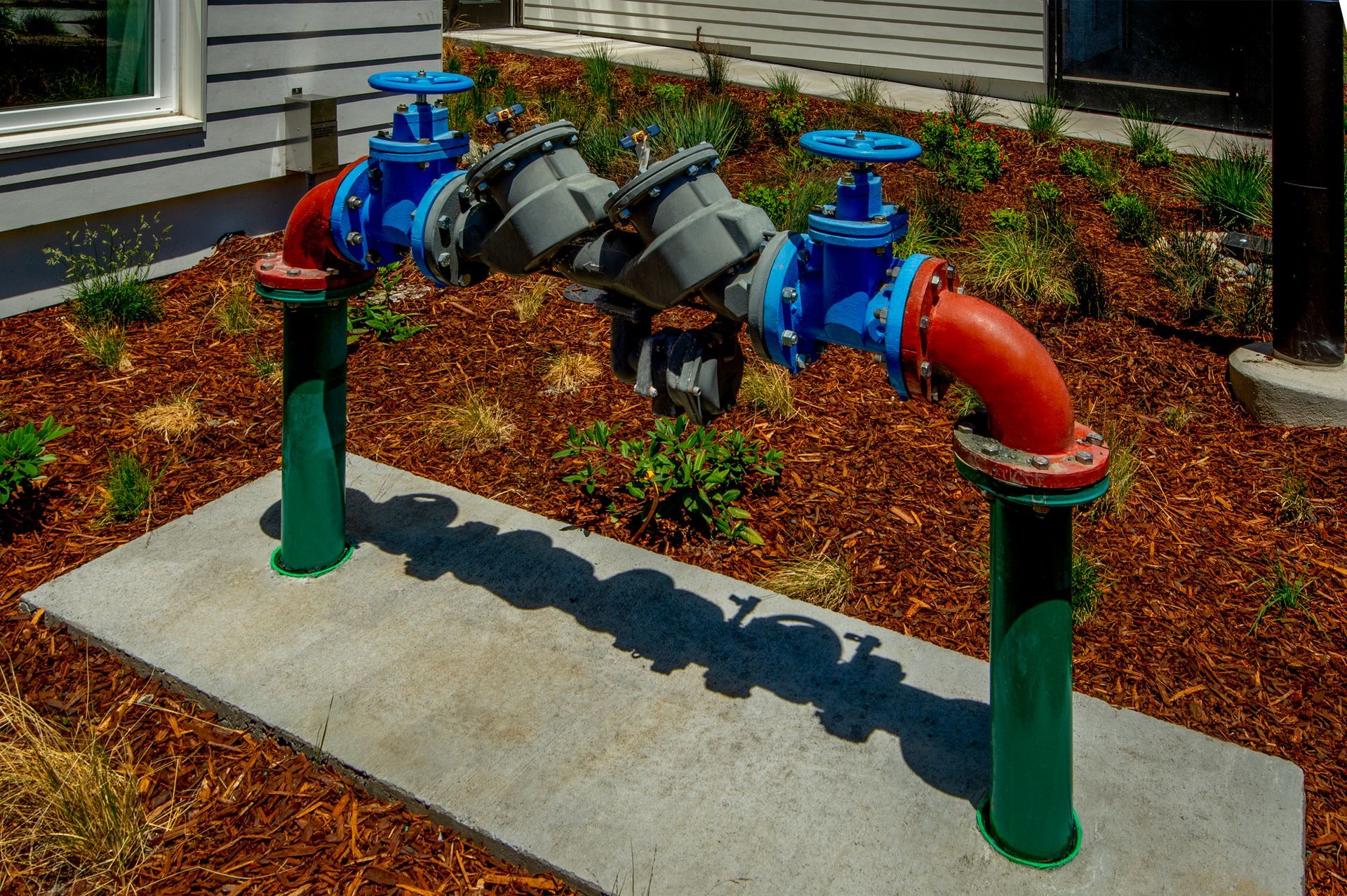 Two water valves with red and blue pipes atop green posts on a concrete pad, surrounded by mulch.