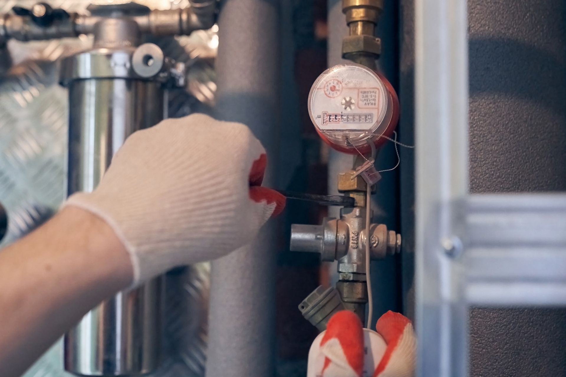 A gloved hand using a wrench on a water meter. Plumbing pipes and equipment are visible.