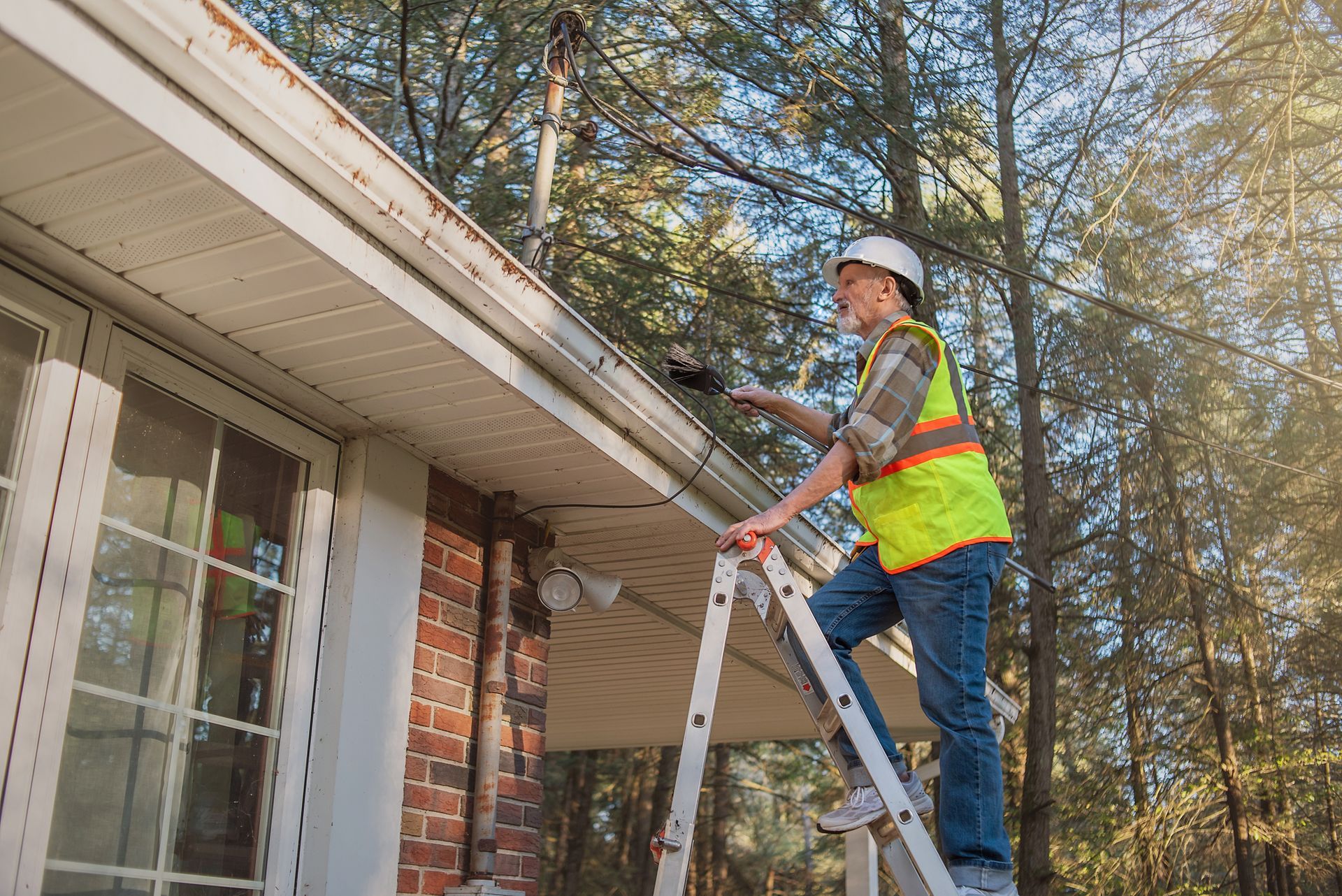 A person on a ladder cleaning a gutter, wearing a safety vest and hard hat. Outdoors, brick house, trees.