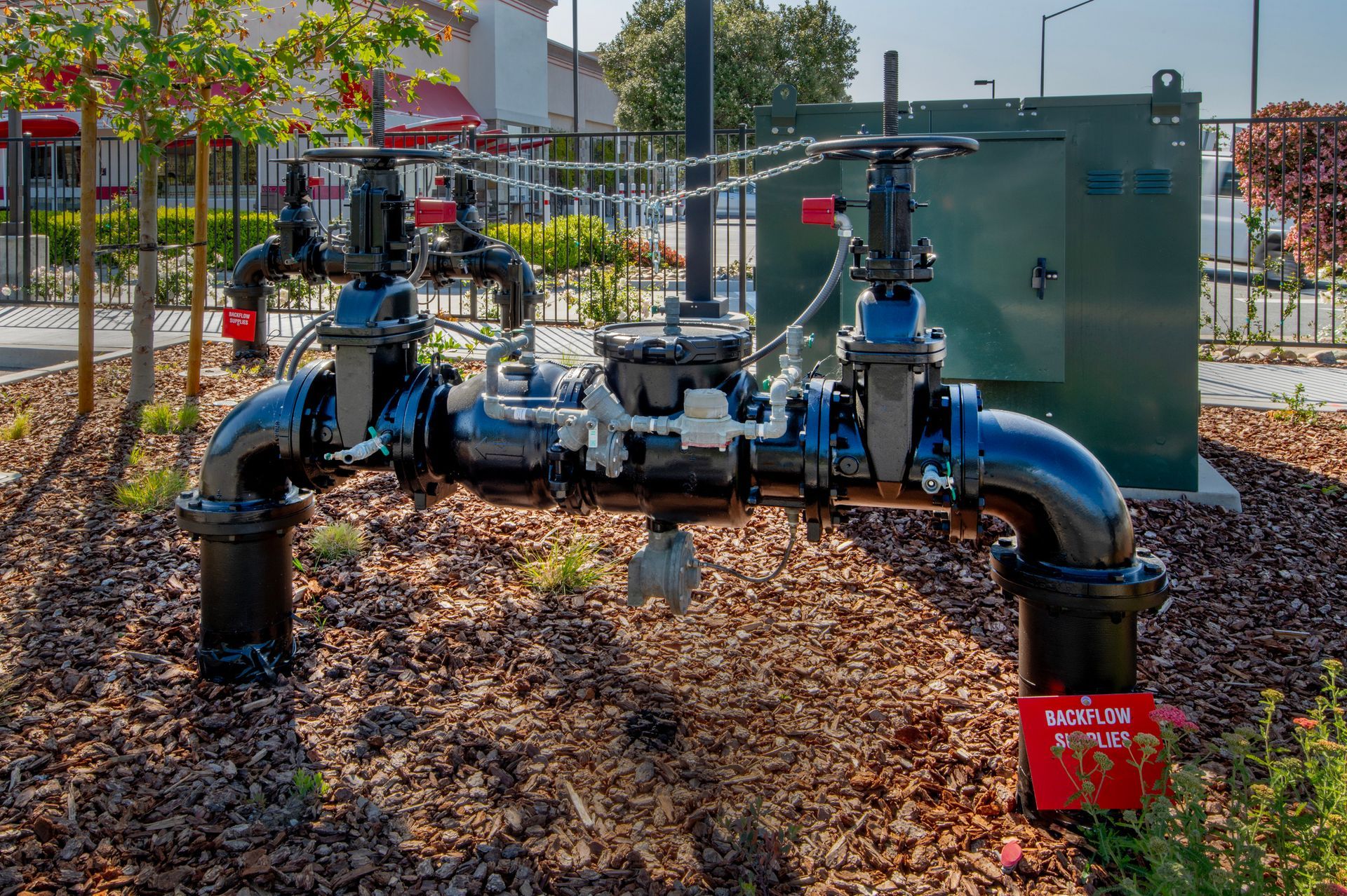 Black water pipes with valves in a landscaped area, possibly for irrigation or utility use.