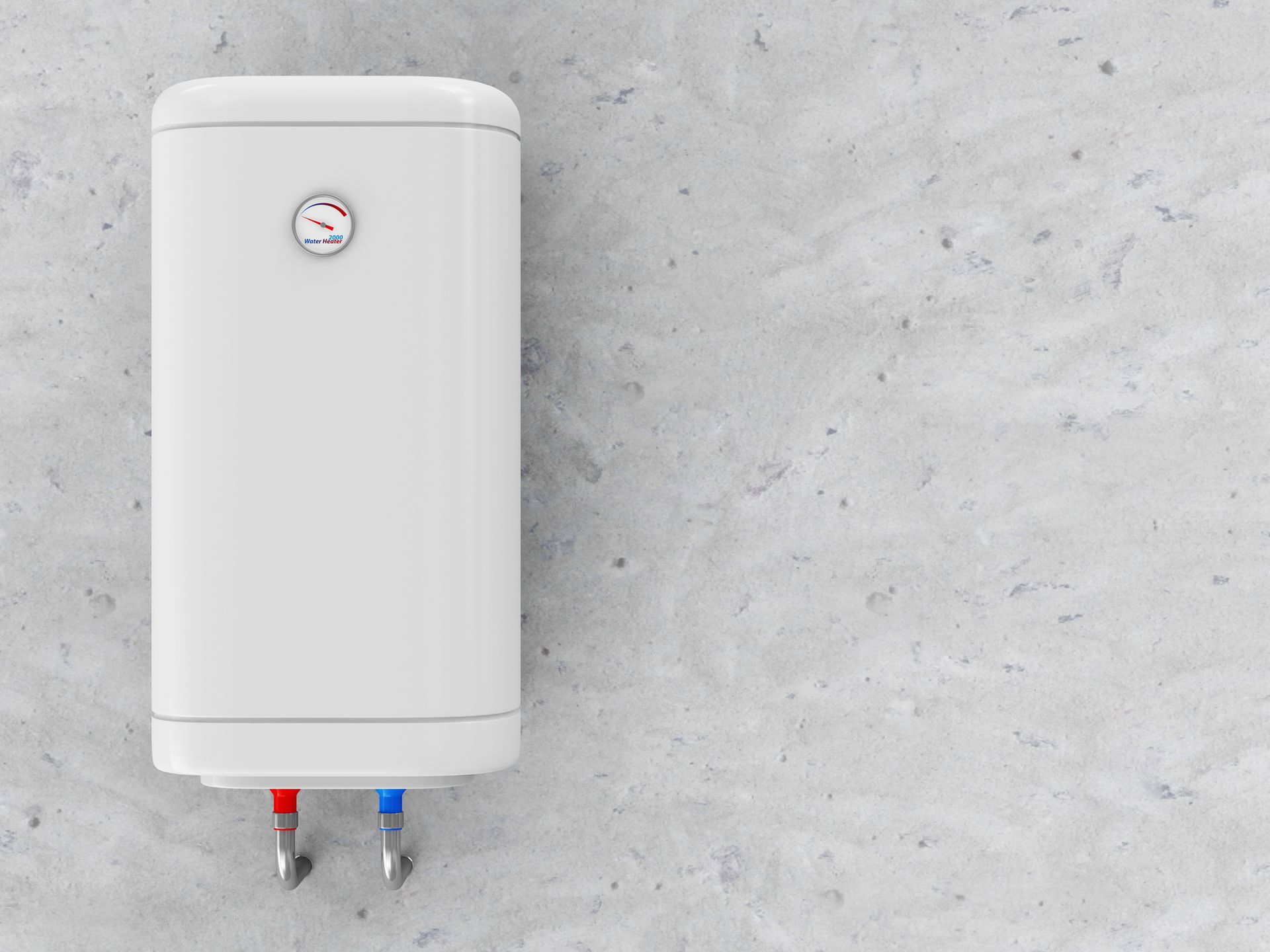 White water heater mounted on a light gray textured wall, with red and blue pipes extending from the bottom.