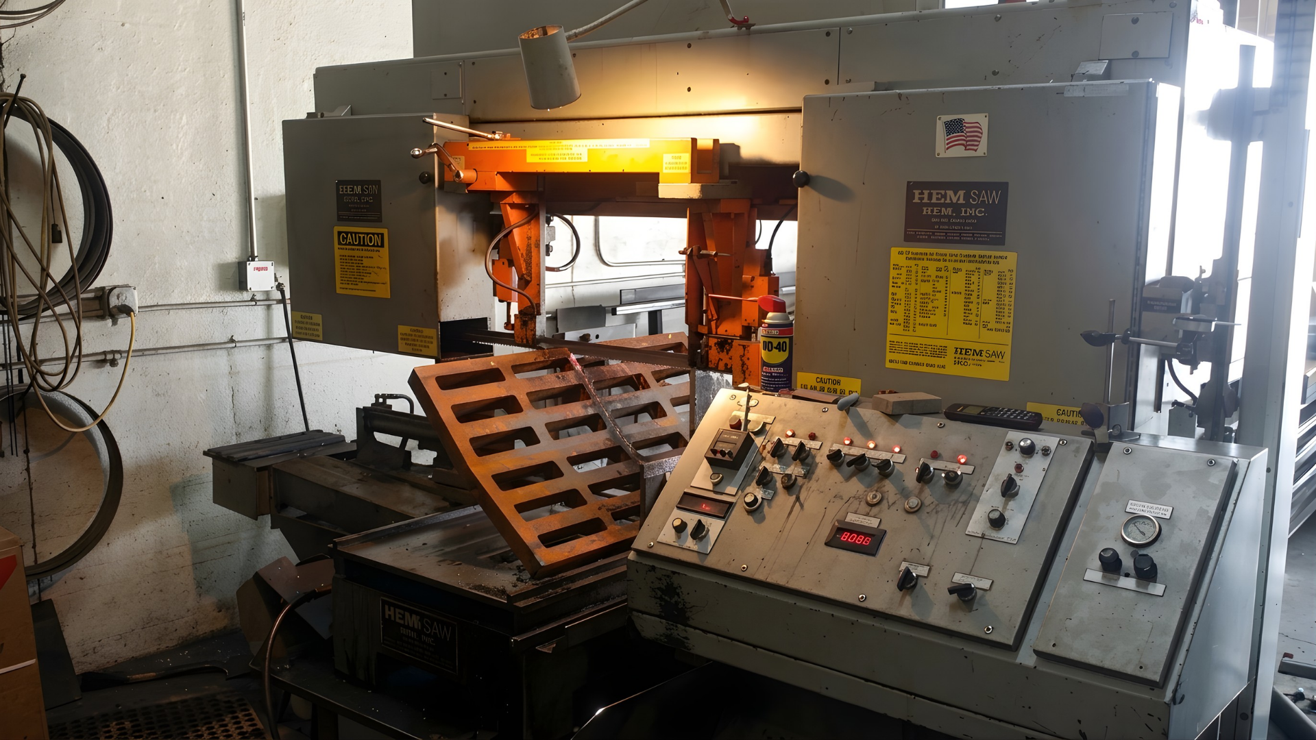 Industrial machine with orange-lit chamber and control panel in a factory setting