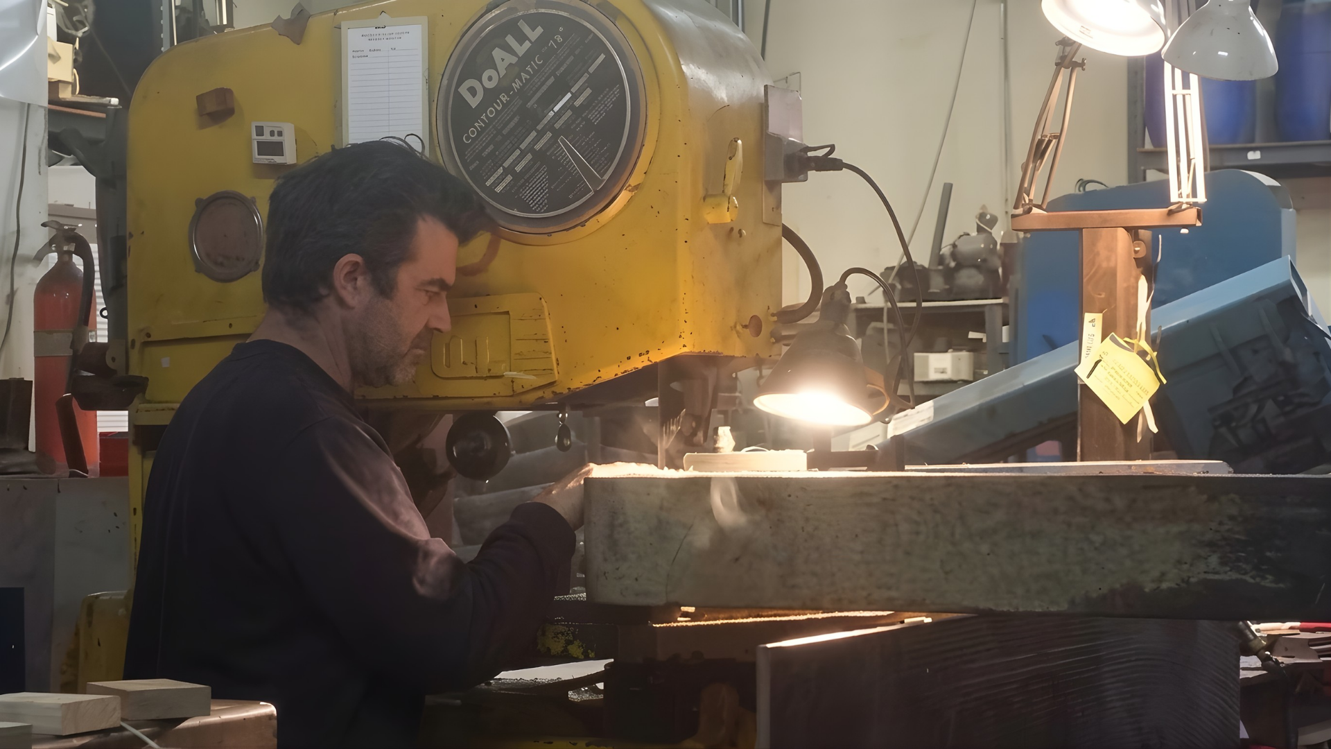 Man working at a bench in a workshop beside a yellow industrial machine with bright work lights