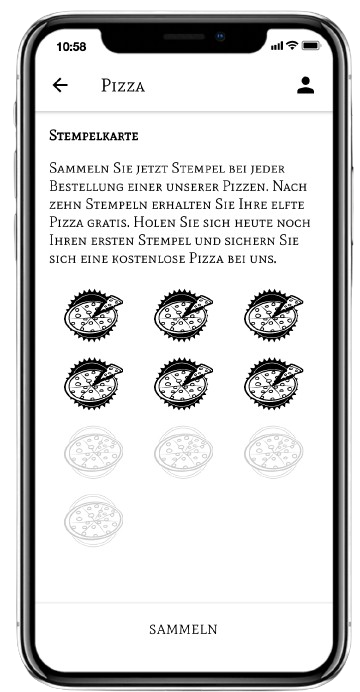 ein Smartphone zeigt eine Pizzastempelkarte .