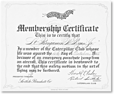 A black and white membership certificate from the caterpillar club