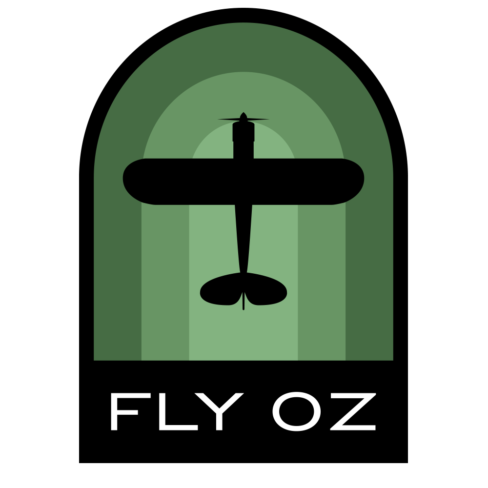 A logo for fly oz with a plane on it