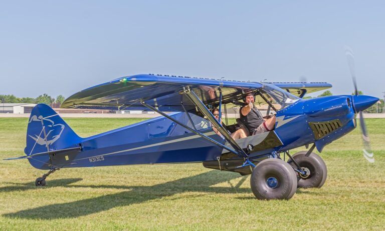 A small blue airplane is parked on a grassy field.