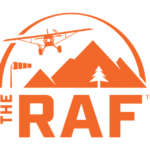 A logo for the raf with a plane flying over a mountain.