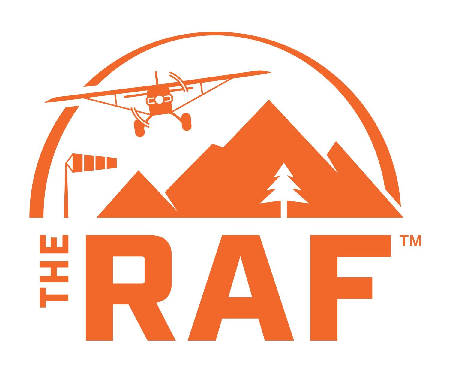 A logo for the raf shows a plane flying over mountains