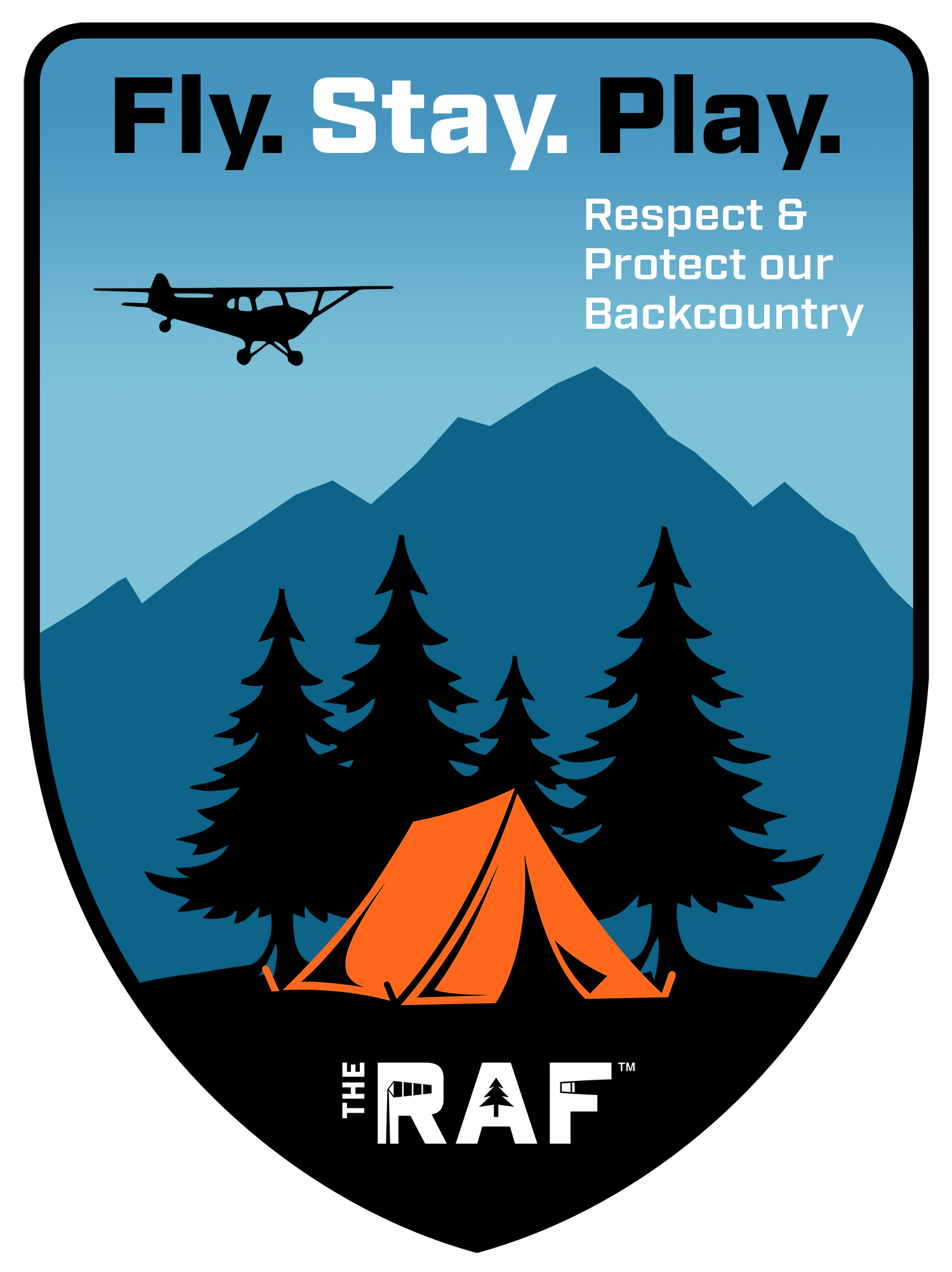 A badge that says fly stay play on it