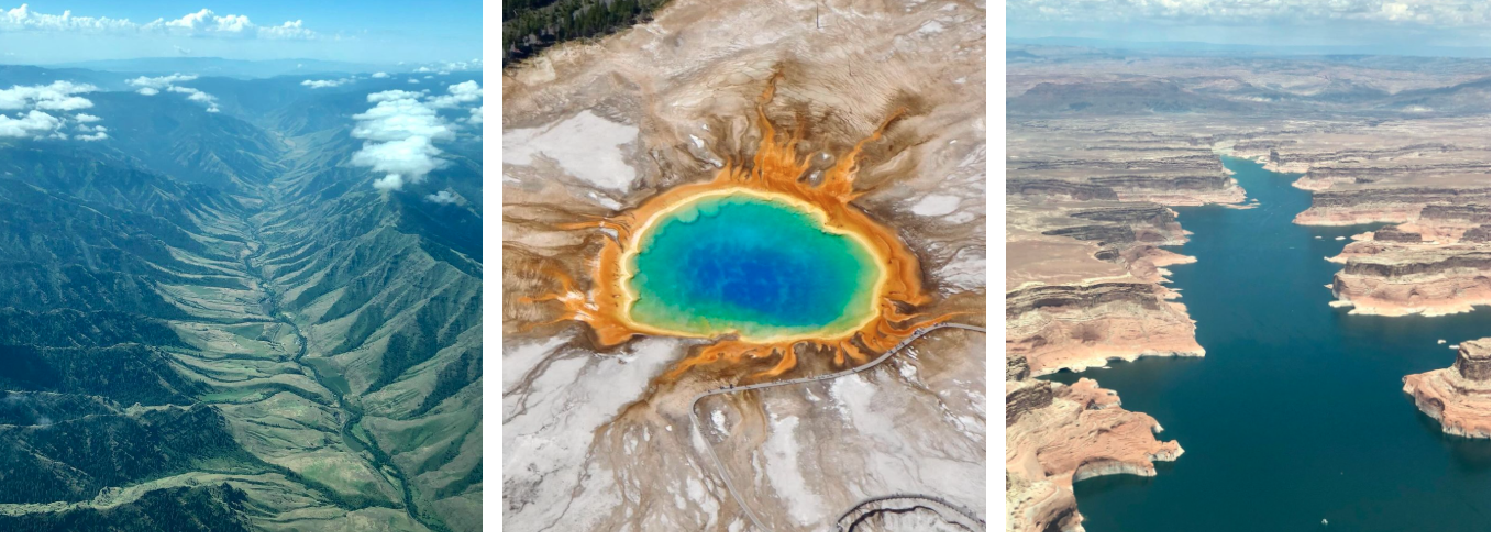 A collage of three pictures of mountains , a lake , and a volcano.