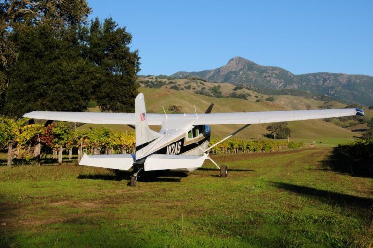 A small plane is parked in a grassy field with mountains in the background