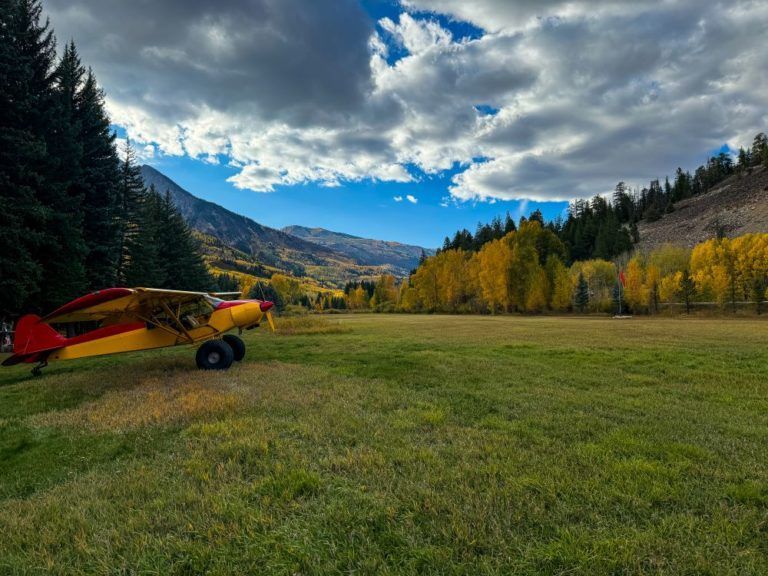 A yellow and red plane is parked in a grassy field with mountains in the background.