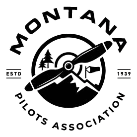 The logo for the montana pilots association is a map of montana with wings.