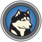 A black and white husky dog is in a blue circle.