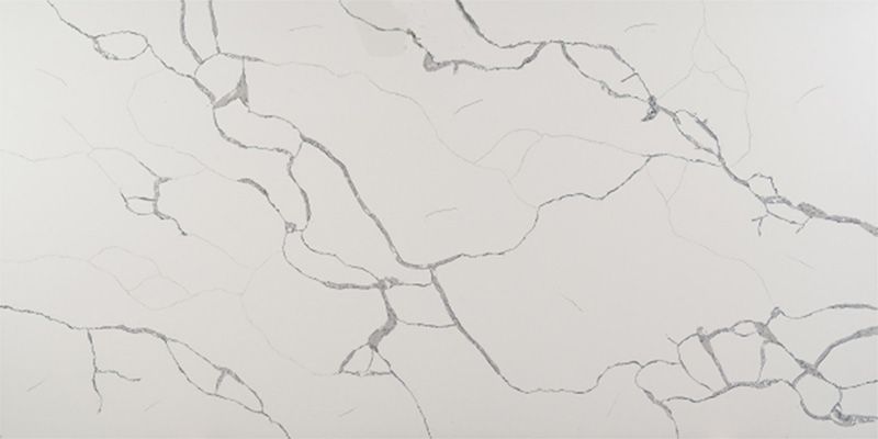 A close up of a white marble counter top with gray veins.