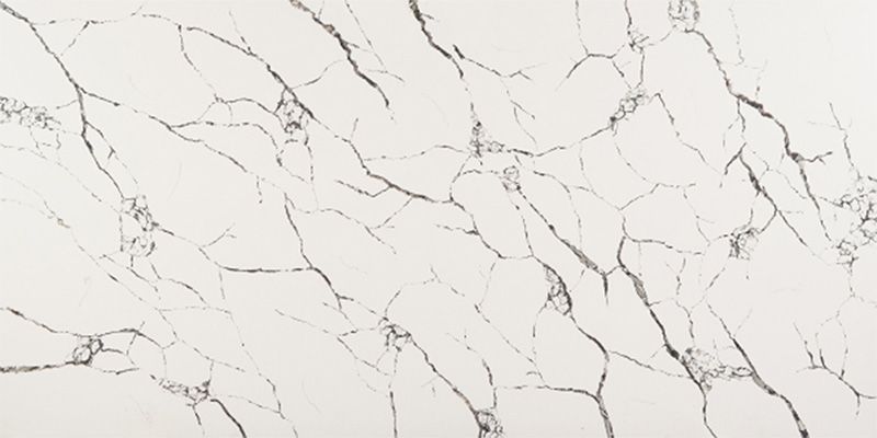 A close up of a white marble counter top with black veins.