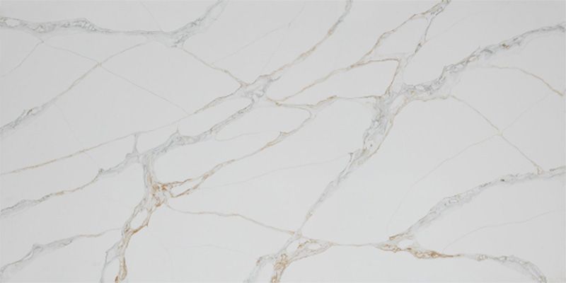 A close up of a white marble counter top with gold veins.