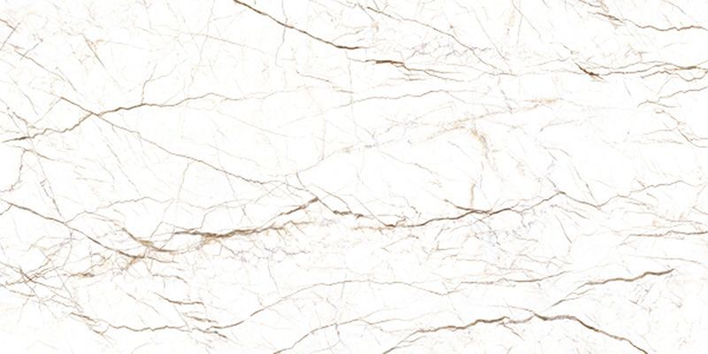 A close up of a white marble tile with brown veins on a white background.