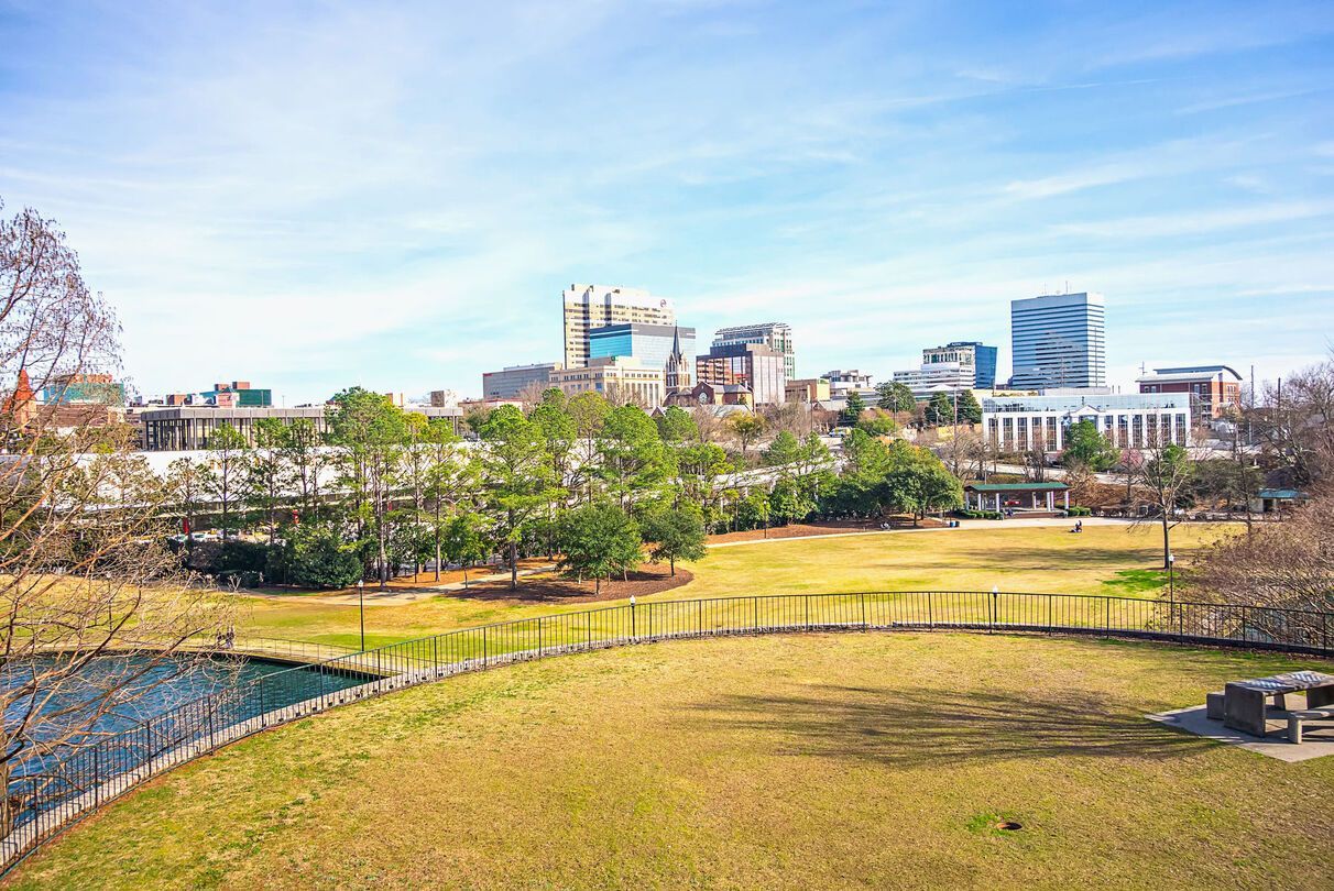 View of a city skyline from a grassy park. Green trees and a curved fence border a lawn; blue sky overhead.