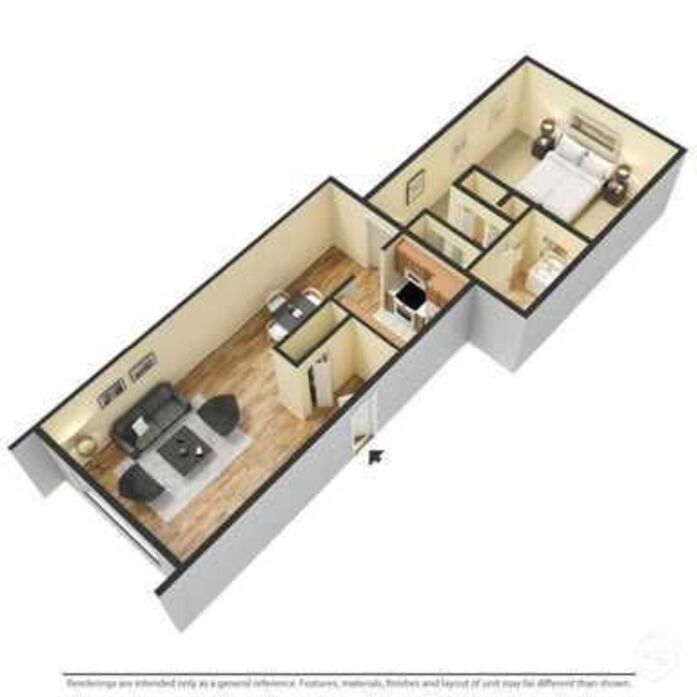 A 3d floor plan of a small apartment