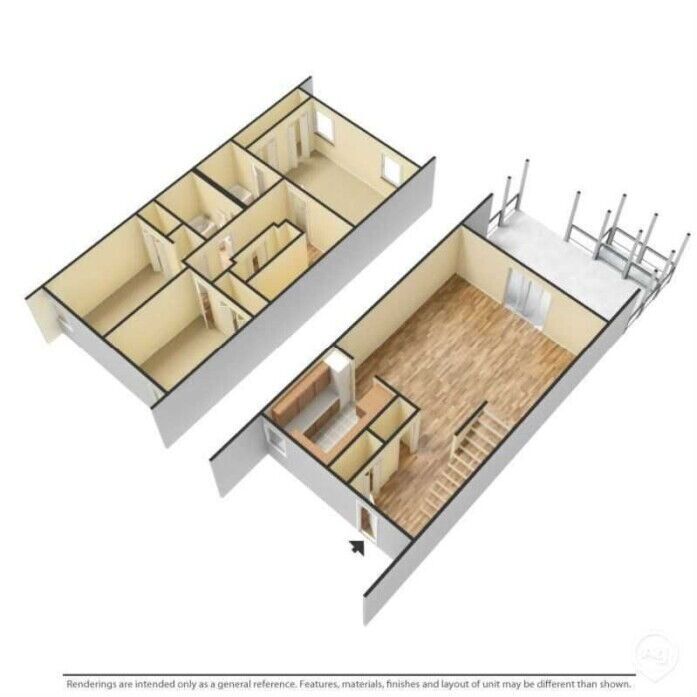 A 3d floor plan of a house with a balcony
